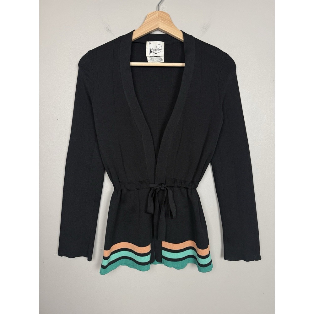 Vintage Aristo Kat Tie Waist Belt Black Cardigan‎ Sweater 70s Retro Striped Hem